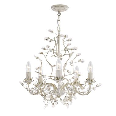 Almandite, plafonnier à 5 flammes, finition or crème avec couvercle feuille et cristaux décoratifs transparents