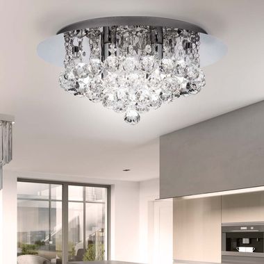 Plafondlamp, chroom, kristal, glazen bol, 35 cm