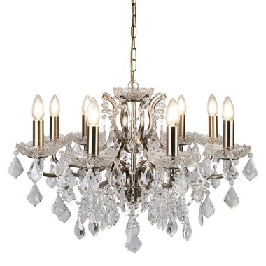 Lustre Paris 8 flammes, pampilles et lambris en cristal clair, laiton antique