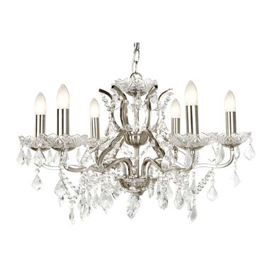 Lustre Paris 6 flammes, pampilles et lambris en cristal incolore, argent satiné