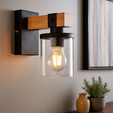 Lampa ścienna, czarny metal, drewno, wys. 22,5 cm