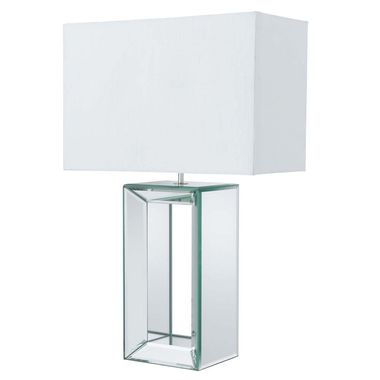 Lampada da tavolo, base a specchio, vetro, tessuto, legno, bianco