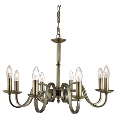 Richmond, plafoniera 8 fuochi, ottone antico, bracci scroll