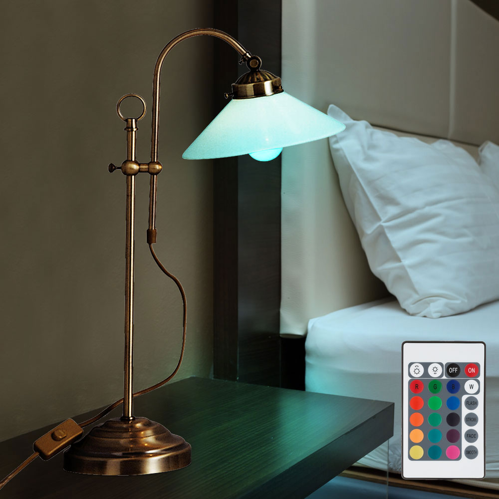 RGB LED Tischlampe, Glasschirm, altmessing, H 54 cm