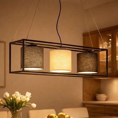 Hängeleuchte, 3-Flammig, Leinen, schwarz, grau, beige, L 90 cm