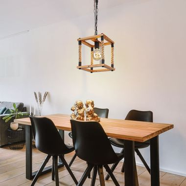 Hanglamp, hout, henneptouw, natuurlijke kleur, zwart, H 120 cm