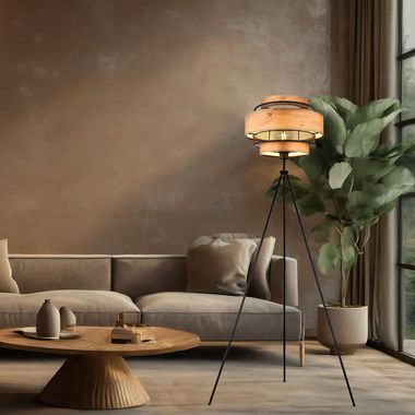 Floor lamp, black metal, wood look, H 150 cm
