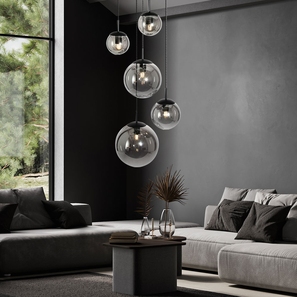 B-WARE Pendelleuchte, Metall Glaskugel, schwarz smoke, H 375 cm