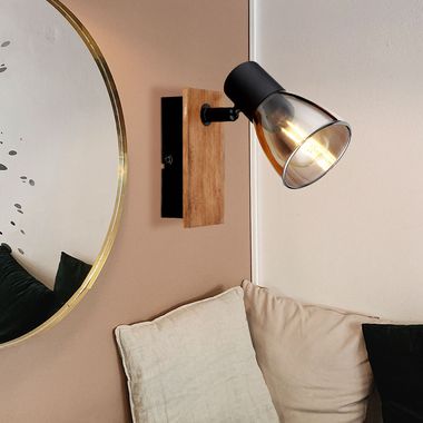 Wandlamp, hout, metaal, glas, donkerbruin