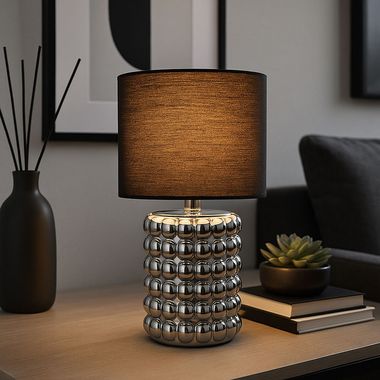 Tischlampe, Keramik Textil Chrom, Schwarz, H 33 cm