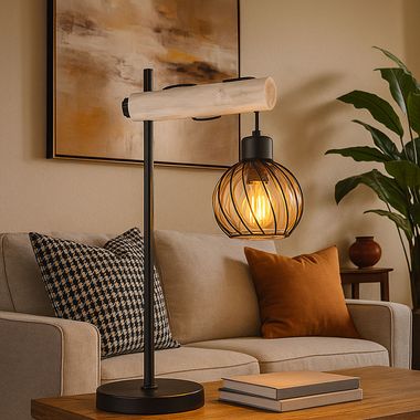 Tafellamp, hout, glazen kap, zwart amber