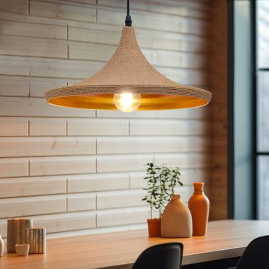 Hanglamp, bruin textiel, zwart metaal, E27, H 140 cm