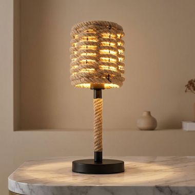 Lampe de table HALIA, métal, corde de chanvre, marron, salon, H 45 cm