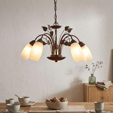 Chandelier, 5-light, alabaster glass, rust, D 50 cm