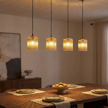 Lampada a sospensione, oro, aste in acrilico ambrato, L 87 cm