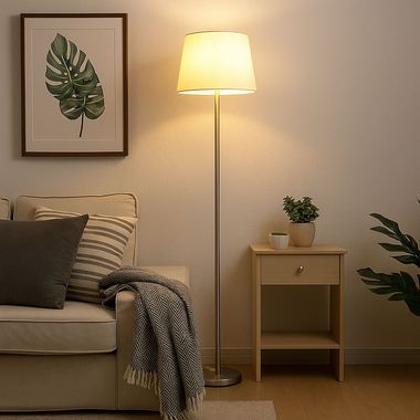 Lampada da terra, argento, tessuto bianco, H 151 cm