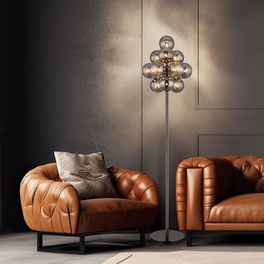 Lampada da terra, sfera in vetro nero e fumé, H 160 cm