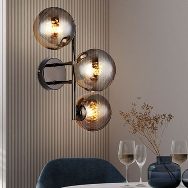 Lampada da parete, metallo nero, vetro fumé, H 25 cm