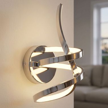 Applique LED, alluminio cromato, opale, curvo, H 35 cm
