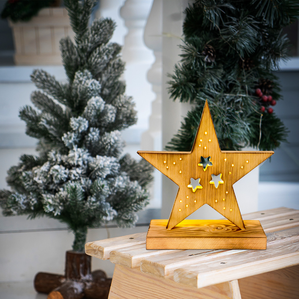 LED Weihnachtsstern, Pinienholz, Timer, IP44, H 29 cm