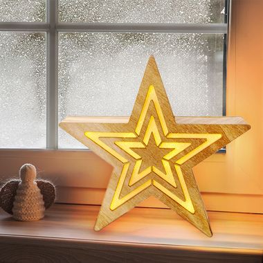 LED adventsster, hout, naturel, timer, batterij, h 23 cm