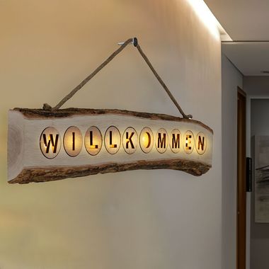 LED Willkommensschild, Holz Pinie, Batterie, Jute, L 60 cm