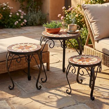 Set of 3 mosaic flower stools, round