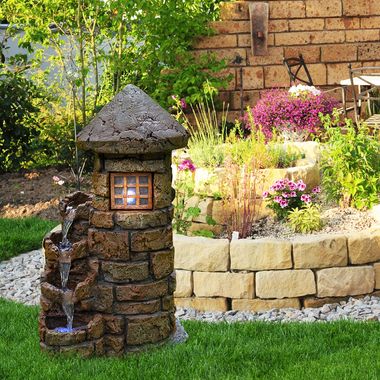 LED Springbrunnen, Garten, Stein-Optik, Turm, Höhe 68 cm