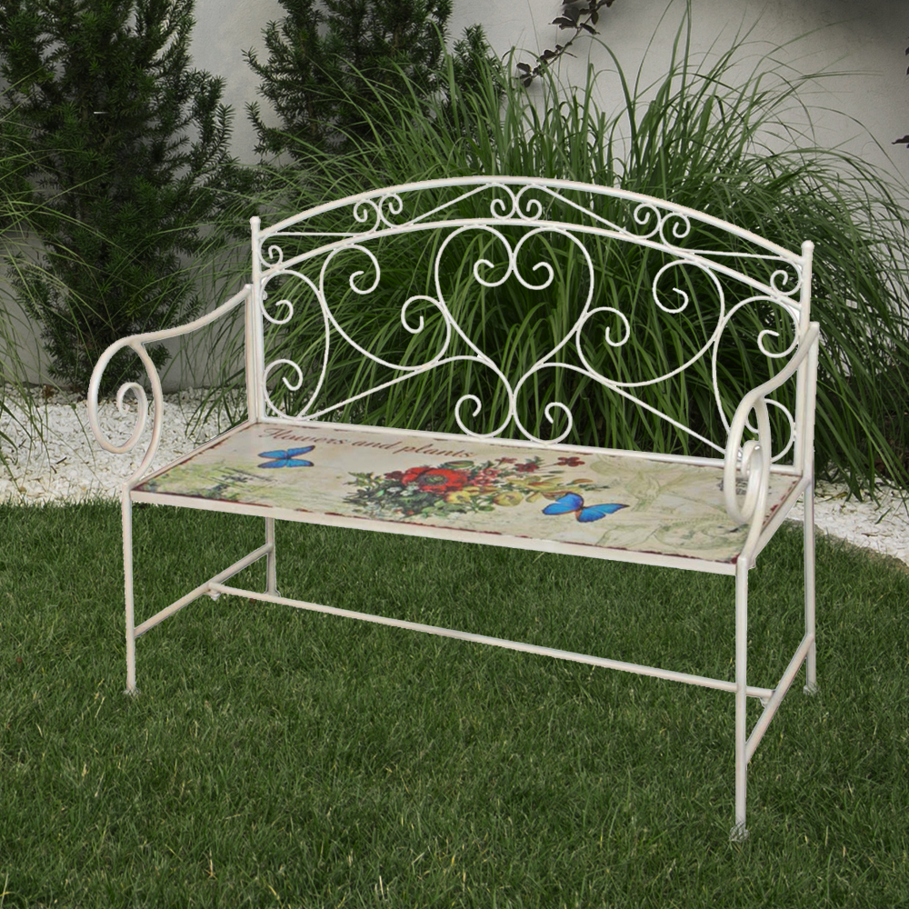 Deko-Sitzbank, Stahl, altweiß, Schmetterlinge, L 109 cm