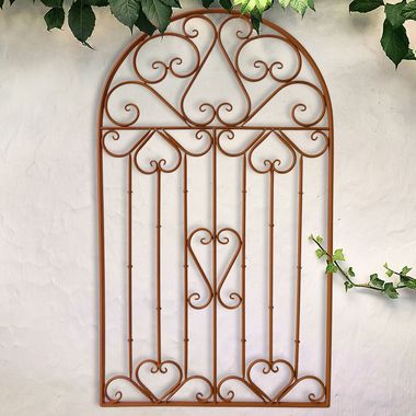 Wall decoration, garden gate design, heart motifs, metal, bronze, 57 cm