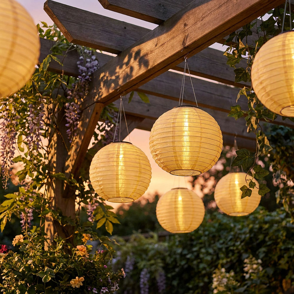 LED Solar Außen-Hängeleuchte, Lampion sandfarben, H 55 cm