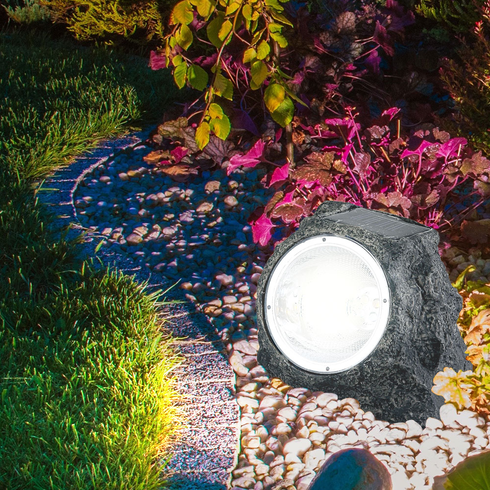 Solar Stein Gartenleuchte – LED Solarstrahler Mit Warmem/weißem Licht, Wasserdicht, 90° Verstellbar, ABS+Harz, 1000mAh Akku – Für Hof, Terrasse & Weg