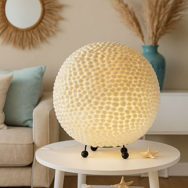 Lampe de table sphérique, design coquillage, métal, blanc, 25 cm