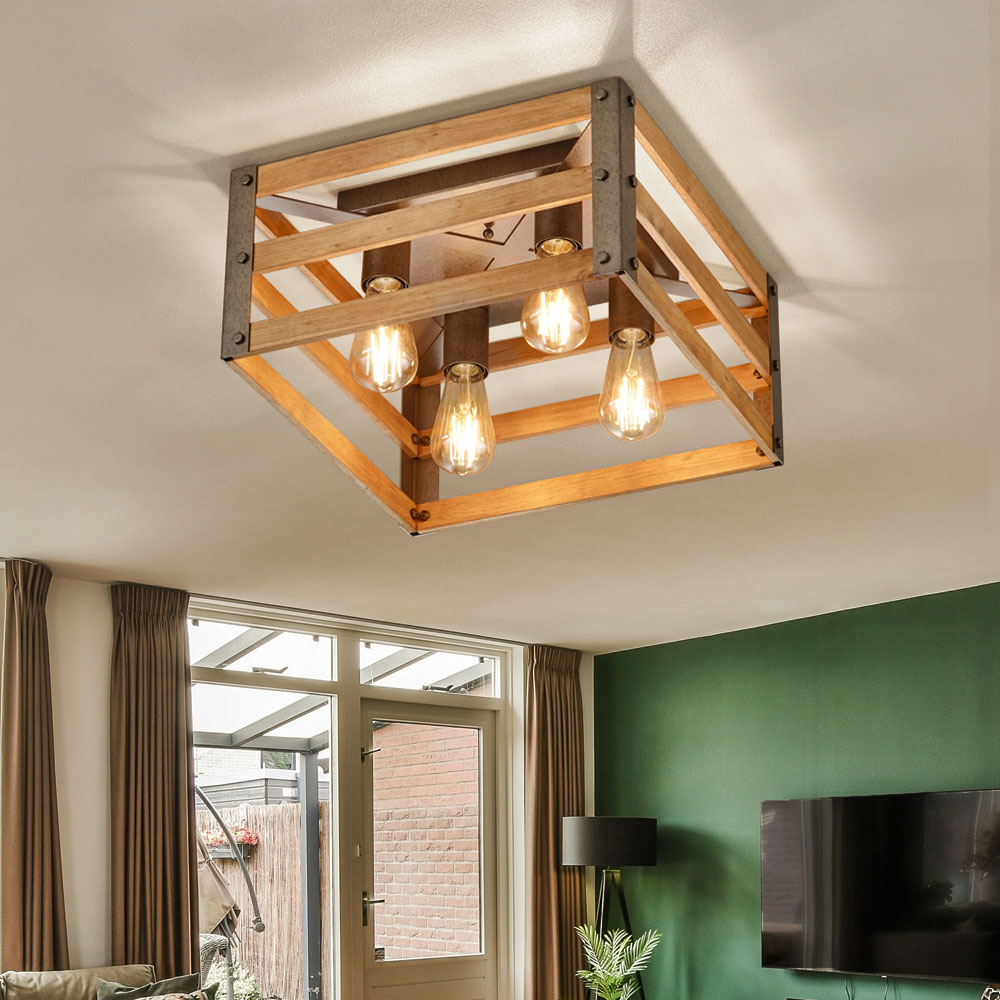 Deckenleuchte, Holzkiste, Metall nickel, L 40 cm