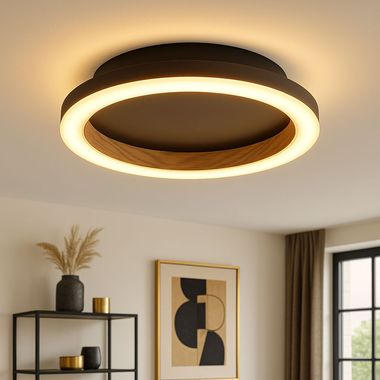 Plafonnier LED, aspect bois, noir, D 20,5 cm