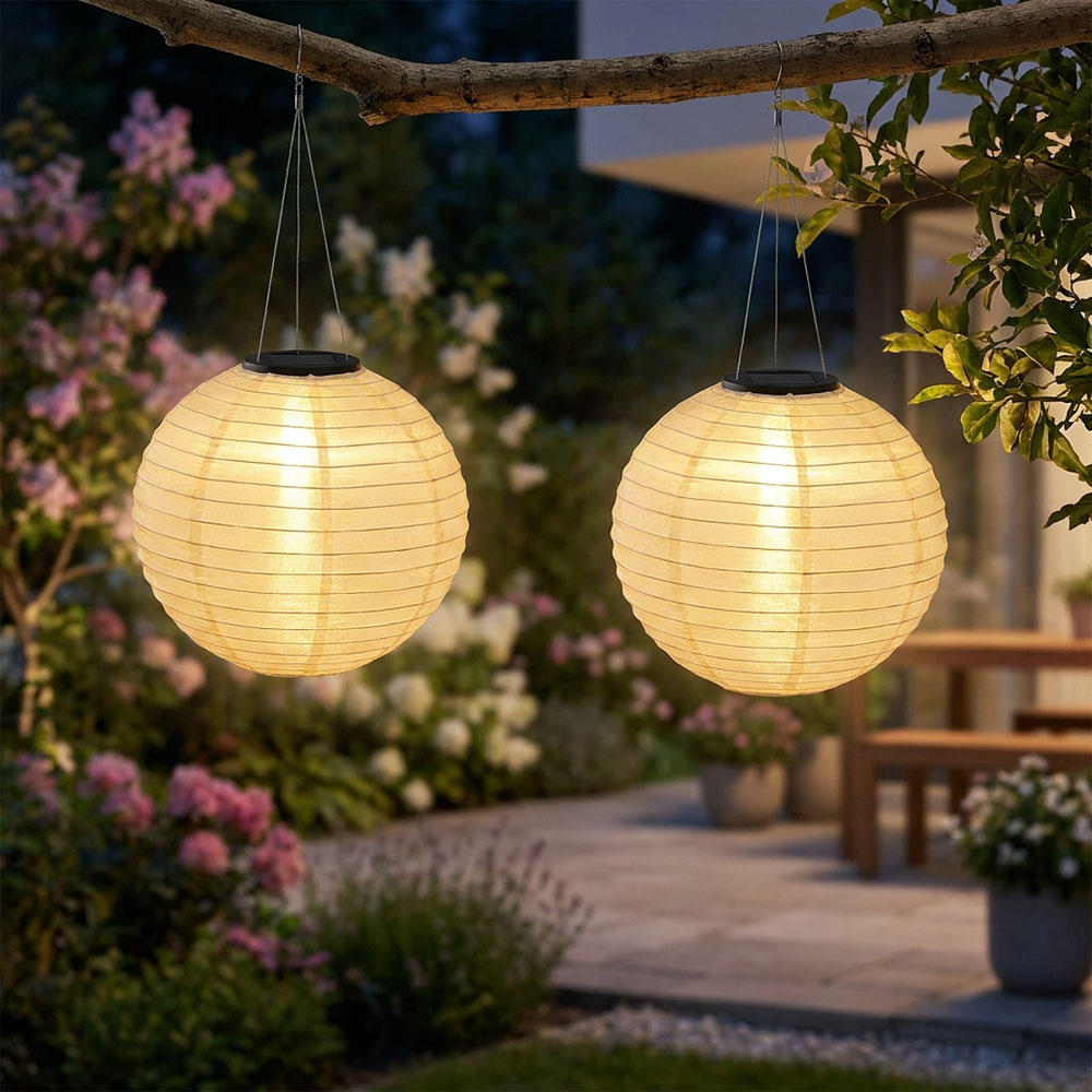 2er Set LED Solar Außen-Hängeleuchte, Lampion sandfarben, H 55 cm
