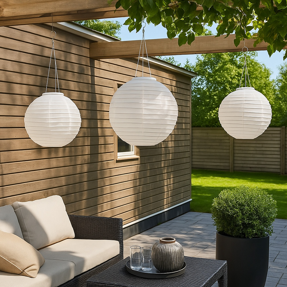 3er Set LED Solar Außen-Hängeleuchte, Lampion weiß, D 30 cm