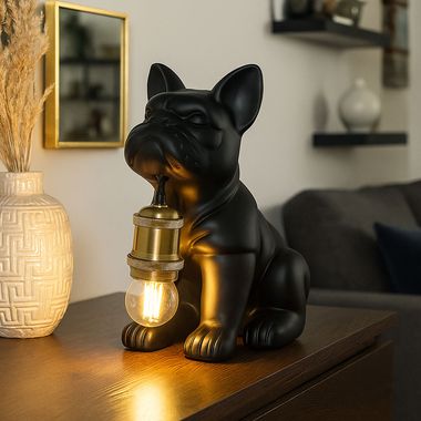 Table lamp, ceramic, dog, black, copper, h 24 cm