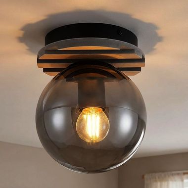 Plafondlamp, houteffect, zwart, gerookte glazen bol, H 20 cm