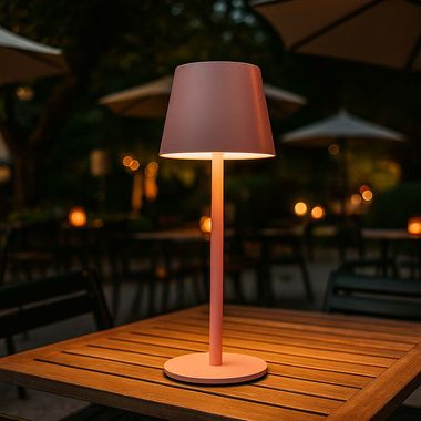 Lampa stołowa LED, różowa, metal, akumulator, ściemniacz dotykowy, wys. 28 cm