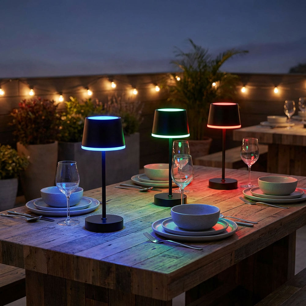3er Set RGB LED Tischleuchte, Akku, Fernbedienung, IP54, H 20 cm