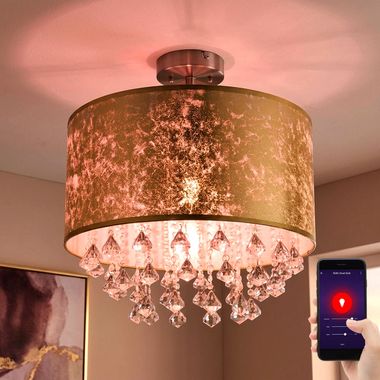 Smart LED ceiling light, gold textile, crystals, D 30 cm