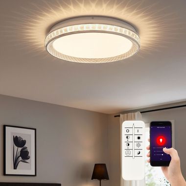 Plafoniera Smart LED, cristallo, telecomando, CCT, P 39 cm