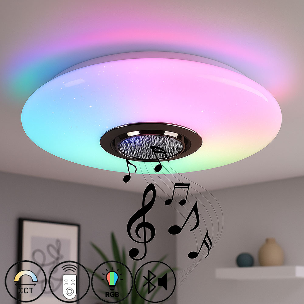 Deckenleuchte RGB LED Fernbedienung Musik Deckenlampe LED Lautsprecher Leuchte Tageslicht Mit Bluetooth Metall Chrom Sternen Effekt 1x 24w 1600lm Dxh 475x57 Cm 82569385