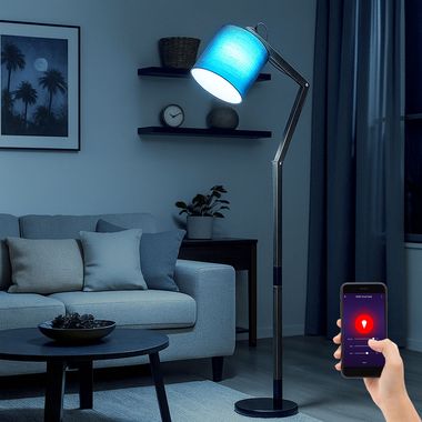Smart RGB LED floor lamp, wood, textile, grey, black, movable, H 172 cm