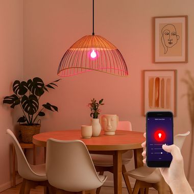 RGB LED Hängelampe, Käfig schwarz, Holz, Rattan, App-Steuerung