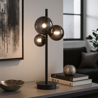 LED Tischleuchte, schwarz, Rauchglas Kugeln, H 48 cm
