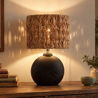 Lampe de table, céramique noire, jacinthe d'eau naturelle, H 38,5 cm