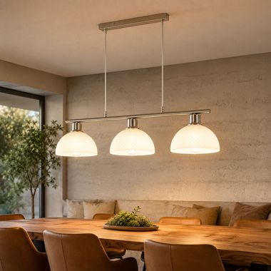 Suspension, métal, nickel mat, verre opale, H 120 cm