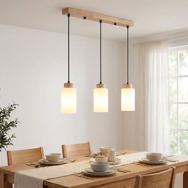 Hängeleuchte, Holz, Braun, Glas, opal matt, 3-flammig, E27, L 60 cm